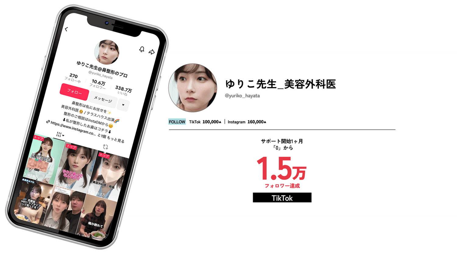 【ゆりこ先生_美容外科医】
							  TikTok：サポート開始1ヶ月「0」から「1.5万フォロワー獲得」