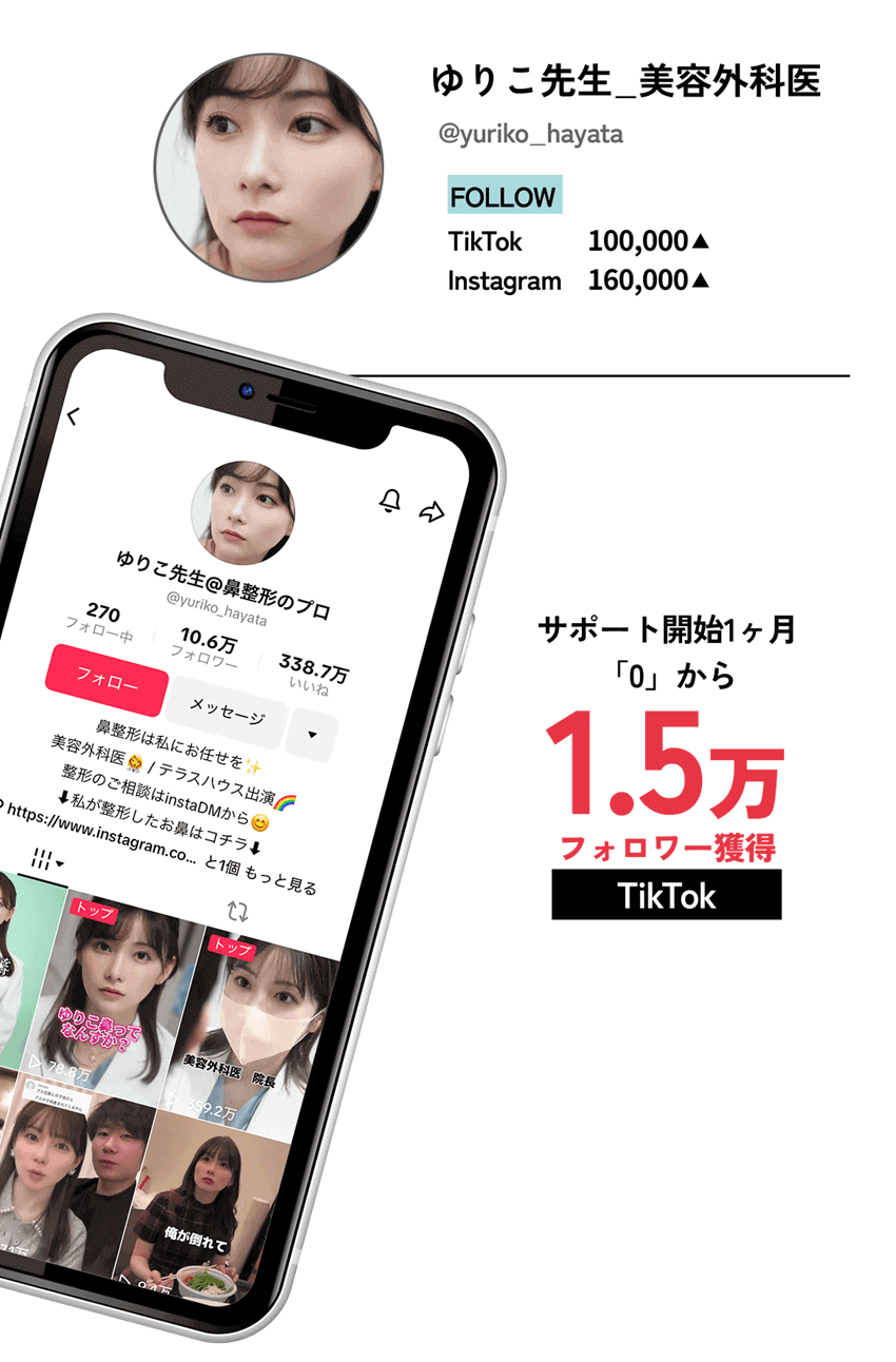 【ゆりこ先生_美容外科医】
							  TikTok：サポート開始1ヶ月「0」から「1.5万フォロワー獲得」