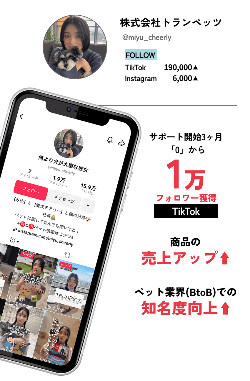 【株式会社トランペッツ】
							  TikTok：サポート開始3ヶ月「0」から「1万フォロワー獲得」