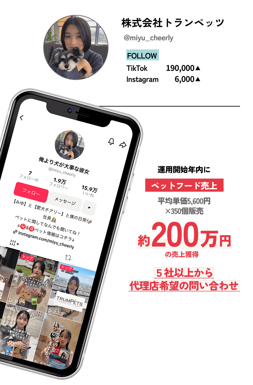【株式会社トランペッツ】
							  運用開始年内に、ペットフード（平均単価5,600円）350個販売、約200万円の売上獲得
							  5社以上から代理店希望の問い合わせ